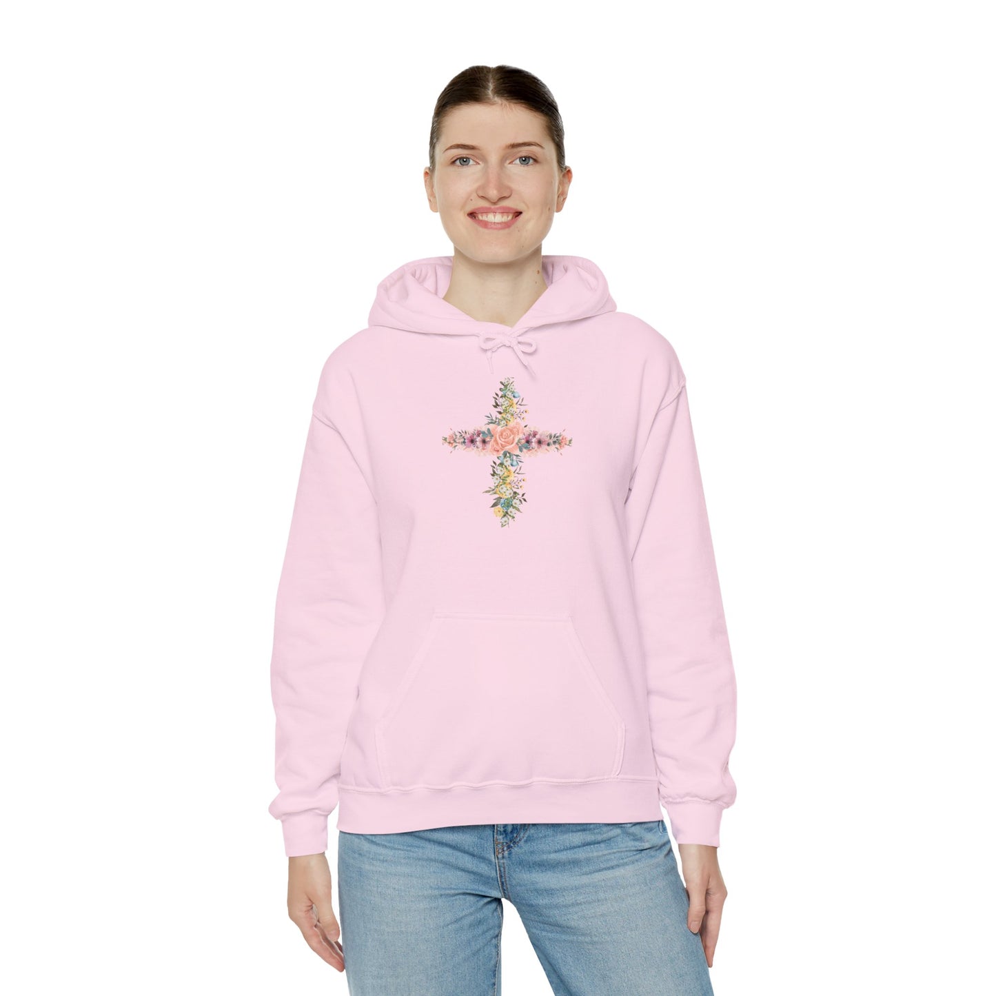 Floral Cross Hoodie — Pastel Botanical Faith Sweatshirt