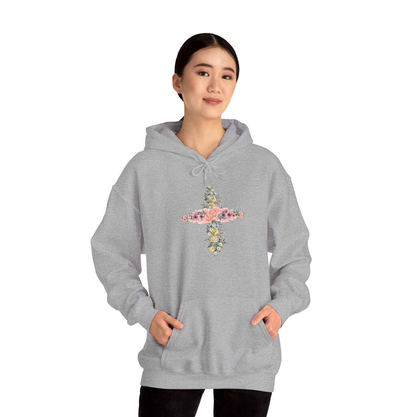 Floral Cross Hoodie — Pastel Botanical Faith Sweatshirt