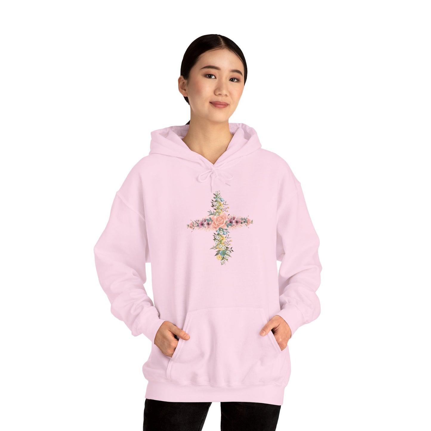 Floral Cross Hoodie — Pastel Botanical Faith Sweatshirt