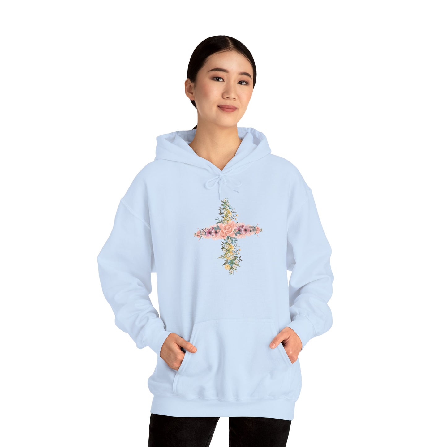 Floral Cross Hoodie — Pastel Botanical Faith Sweatshirt