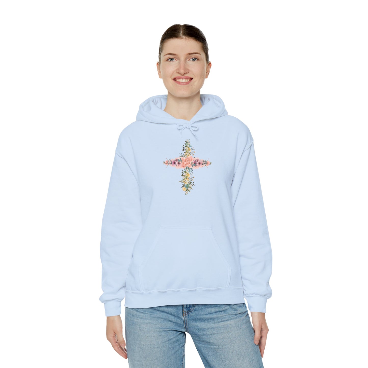 Floral Cross Hoodie — Pastel Botanical Faith Sweatshirt