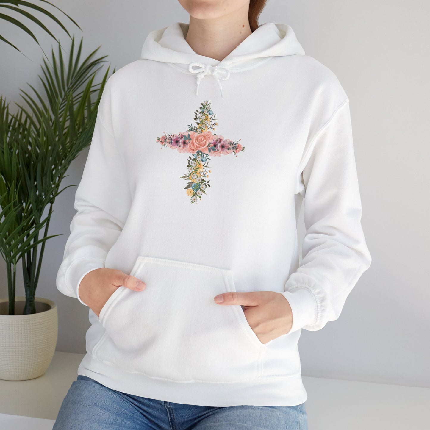 Floral Cross Hoodie — Pastel Botanical Faith Sweatshirt