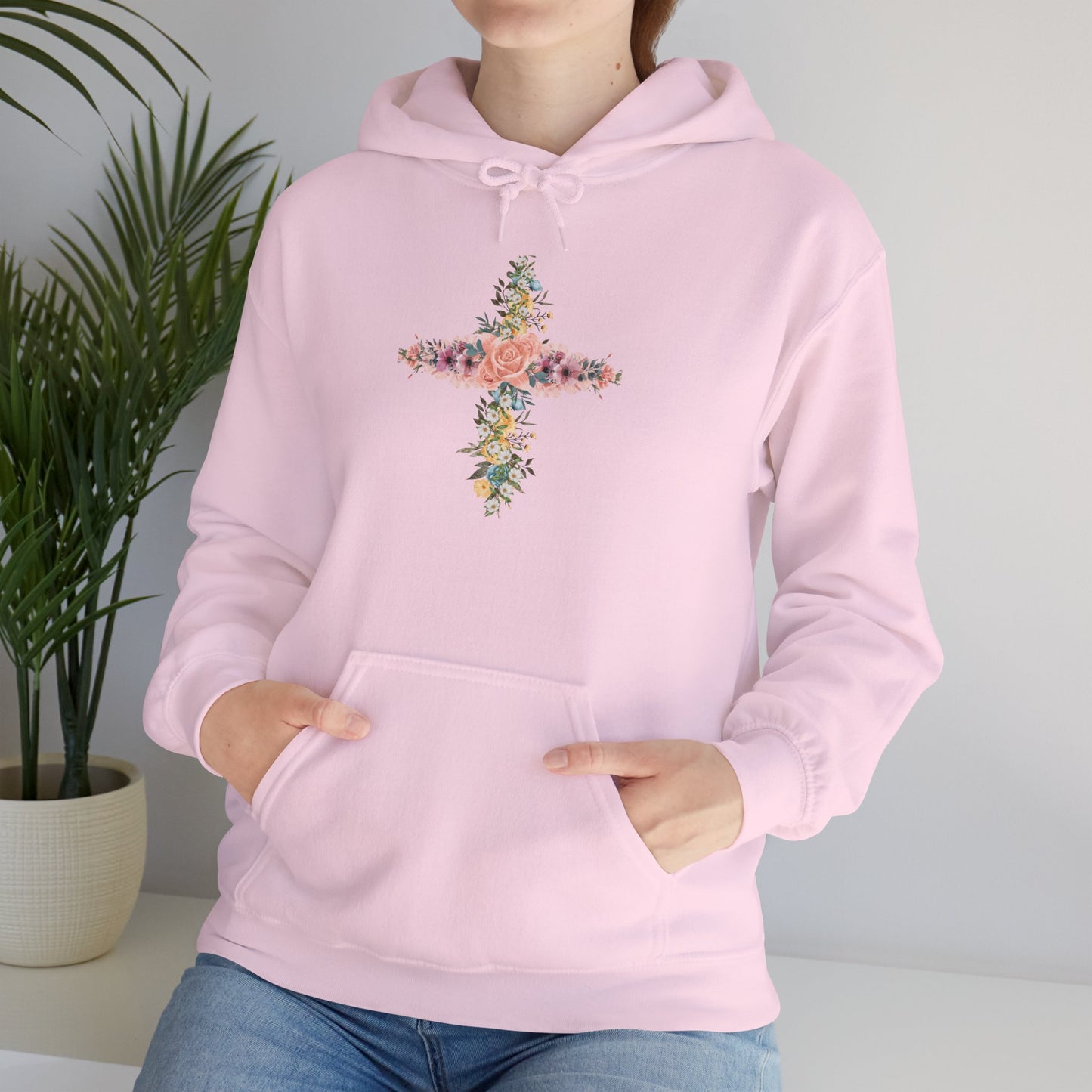 Floral Cross Hoodie — Pastel Botanical Faith Sweatshirt