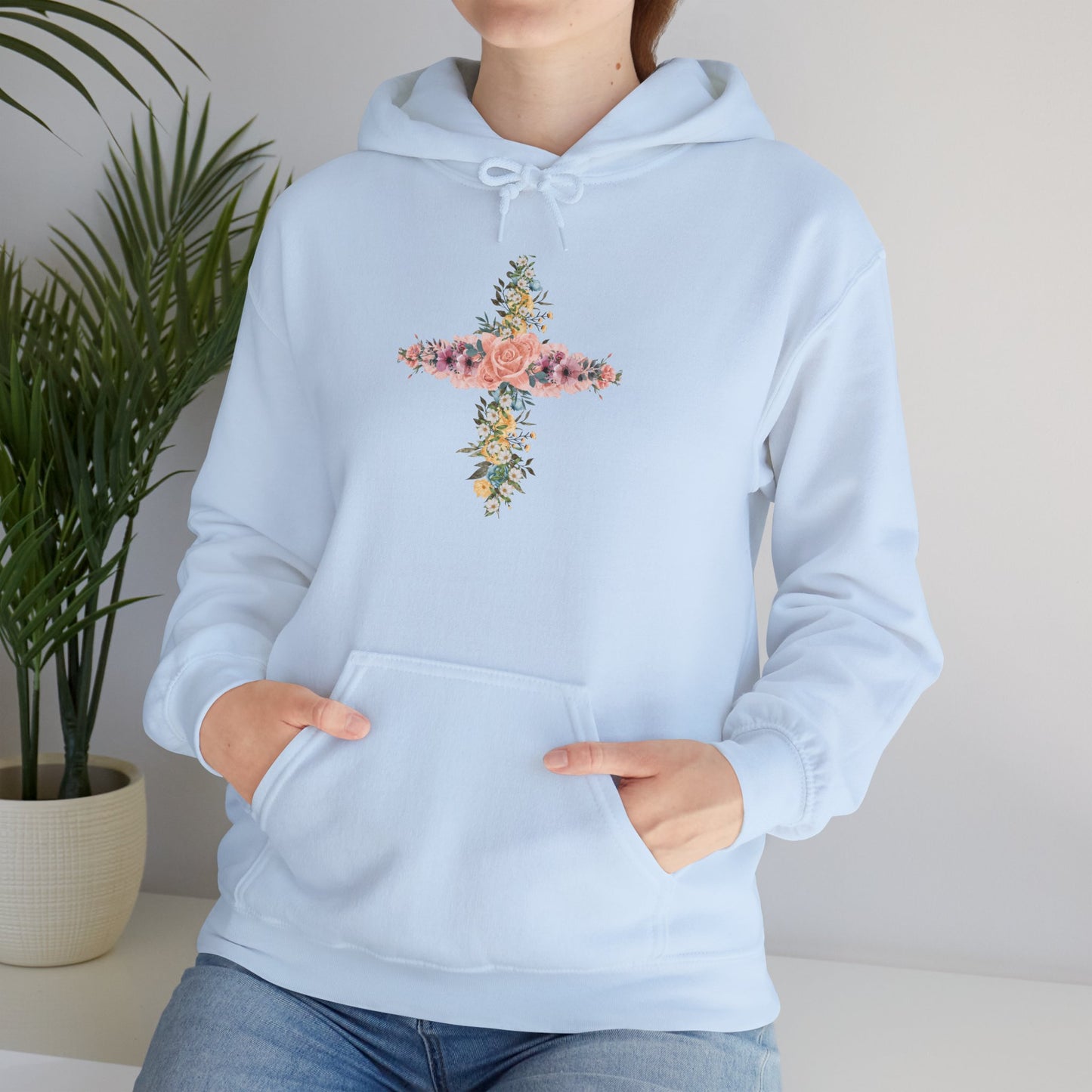 Floral Cross Hoodie — Pastel Botanical Faith Sweatshirt