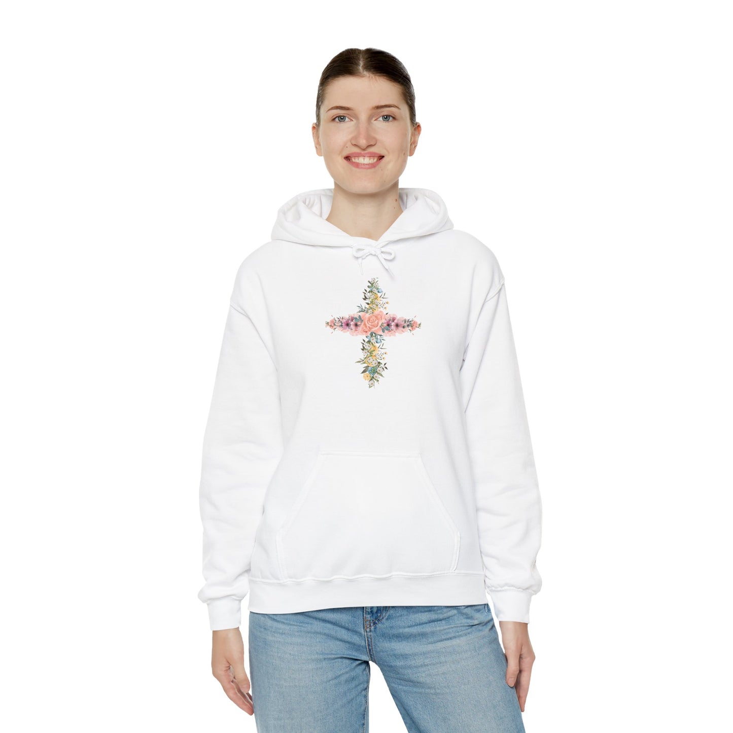 Floral Cross Hoodie — Pastel Botanical Faith Sweatshirt
