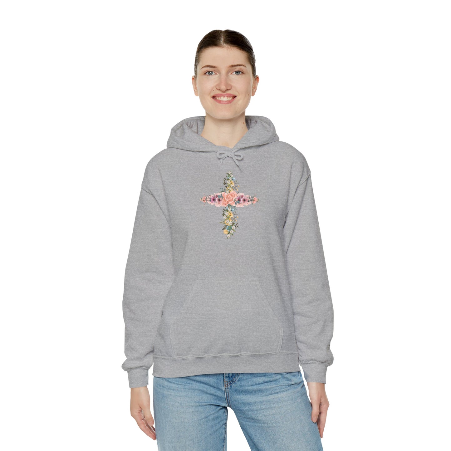 Floral Cross Hoodie — Pastel Botanical Faith Sweatshirt