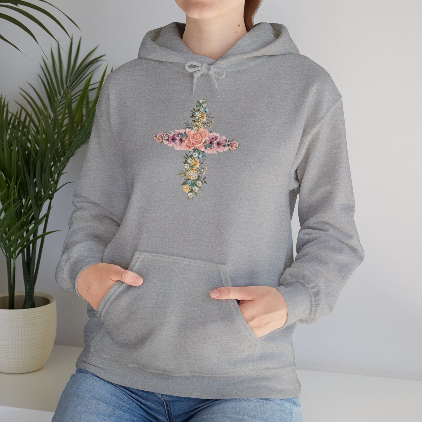 Floral Cross Hoodie — Pastel Botanical Faith Sweatshirt